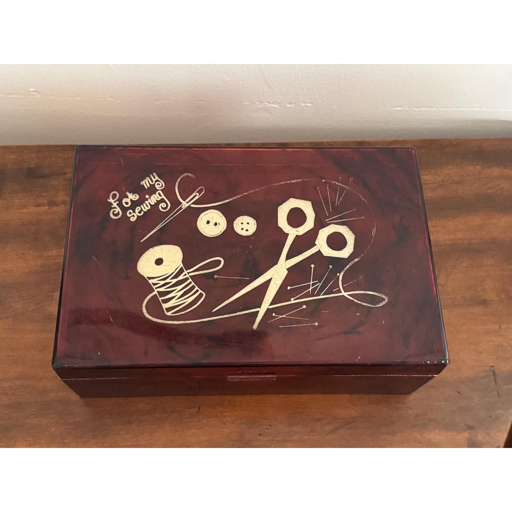 Vintage Tortoise Shell Lucite Sewing Box with Insert For My Sewing on Lid